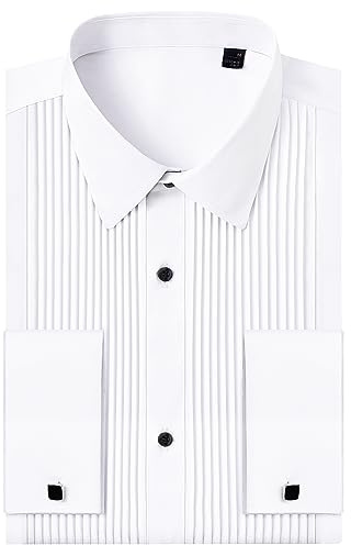 J.VER Tuxedo Shirts for Men French Cuff Dress Shirt with Metal Cufflinks Formal Business Pleated Shirt for Prom Wedding Party White