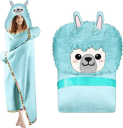iyoimono Blaues Lama Alpaka Tragbare Decke Geschenke Sofadecke Kuscheldecke | Lama Alpaca Wearable Hooded Blanket Geschenke für Frauen Erwachsene Mädchen und Kinder 152*125cm