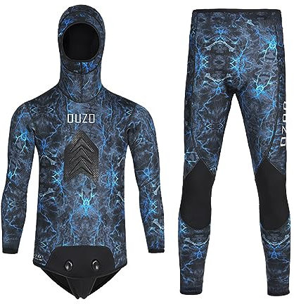 Traje de neopreno de 5 mm para pesca submarina con capucha, 2 piezas de traje de buceo de camuflaje con almohadilla de carga en el pecho para agua fría, buceo libre, esnórquel, natación, azul, L