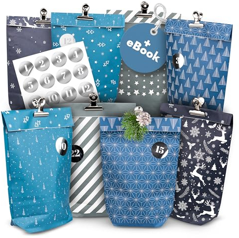 AMARI ® Adventskalender zum Befüllen - 24 Papier Adventskalender Tüten (mit Holzklammern) zum Basteln für Kinder - Papier Weihnachtskalender zum selber befüllen Tüten Weihnachtskalender selber basteln