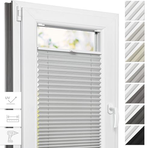 Estika Thermo Plissee mit Bohren - 60 cm x 150 cm - Farbe: Hellgrau - Plissee Blickdicht, Fenster rollos für innen, Plissee Verdunklung, Rollos für Fenster