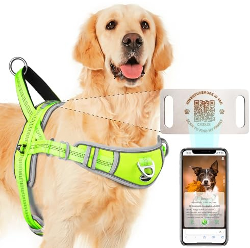 ADVENTUREMORE Medium Dog No-Pull Harness with QR Code Dog Tag, Reflective Vest, Adjustable, Escape Proof, Front Clip Handle for Walking, M Green