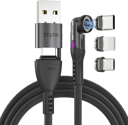 Statik 360 Pro Magnetisches Ladekabel – 3-in-1 USB-C auf USB-C mit Micro-USB- & iProduct-Aufsätzen, USB-A-Adapter, kompatibel mit allen Geräten, 100W Schnellladen, Schwarz, 3FT