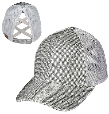 Funky Junque Women's Distressed Criss Cross Ponytail Trucker Hat Messy Bun Ball Cap with Ponytail Hole High Bun - Sequin - Silver