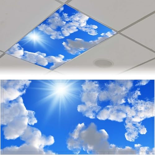 2 Pack Fluorescent Light Cover for Ceiling Light Classroom- Sky Magnetic Light Cover Fluorescent Light Shade Panel, Decorative Film Filter for Reducing Harsh Glare Flicker Home Decorations
