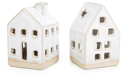 Logbuch-Verlag 2 Haus Windlichter Teelichthalter aus Keramik Lichthaus Dekofigur beige Creme weiß Deko Häuschen 10,5 cm Frühling Sommer
