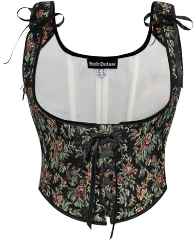 Scarlet darkness kvinnor renässans korsett snörning fram under byst bustier topp blommig korsetter väst, Färgglad blommig-svart, 16
