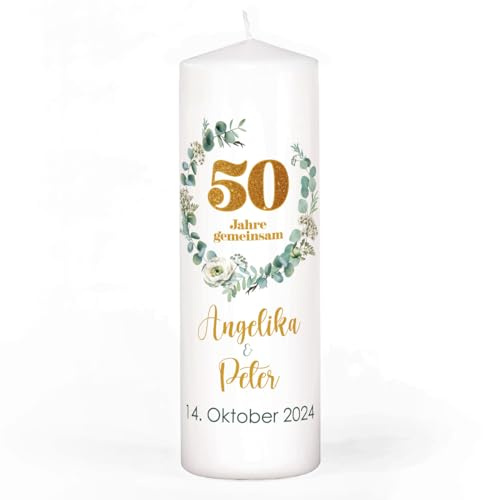 Herz & Heim® Kerze zur Goldenen Hochzeit, 4 Motive mit Eukalyptus zur Wahl, personalisiert mit Namen & Datum (Motiv 3)
