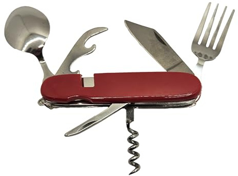 6 in 1 set posate da campeggio pieghevoli con custodia, in acciaio inox, coltellino svizzero multifunzione, forchetta, coltello, cucchiaio, cavatappi, apriscatole, apribottiglie, posate tascabili