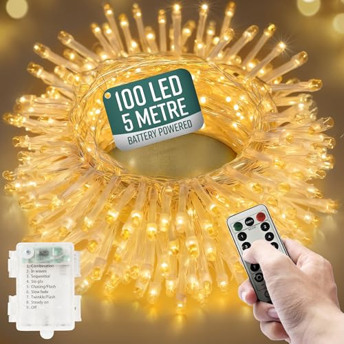 GloBrite Garden Fairy Lights Battery Operated - 100 LED String Lights with Remote - 8 Lighting Modes - Battery Fairy Lights Indoor & Outdoor - Bedroom Aesthetic - (Warm White LED)