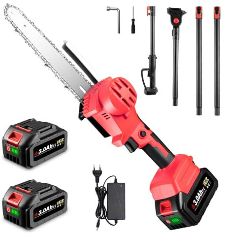 ONEVAN Akku Hochentaster, Bürstenlose 8 Akku Kettensäge Astsäge mit Teleskopstiel, 20 cm Schwertlänge, 180° Drehbarer Kopf, 2-IN-1 Elektrisch Hochentaster & Handkettensäge, inkl. 2 3.0Ah Akkus