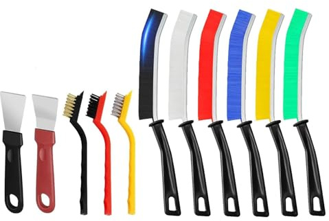 DuDuZui Juego de 11 Cepillos de Limpieza de Grietas, 6 Cepillos de Limpieza de Huecos Coloridos, 3 Cepillos de Alambre de Latón/Acero Inoxidable/Nailon, 2 Herramientas Raspadoras