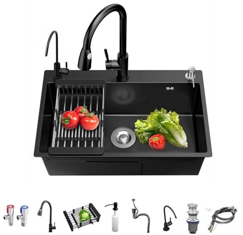 Fregadero Cocina Negro 50 x 45cm, Fregadero Cocina en Acero Inoxidable, Fregadero Bajo o Sobre Encimera Con grifo extraíble/dispensador de jabón/escurreplatos/grifo de agua purificada (Negro, 50x45cm)