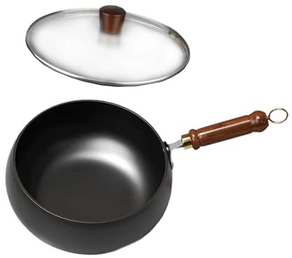 F Fityle 9.45'' Iron Wok Cooking Wok Boiling Induction Cooker No Coating Stir Fry Pan Chinese Wok for Home Restaurant Kitchen Hotel, glass lid