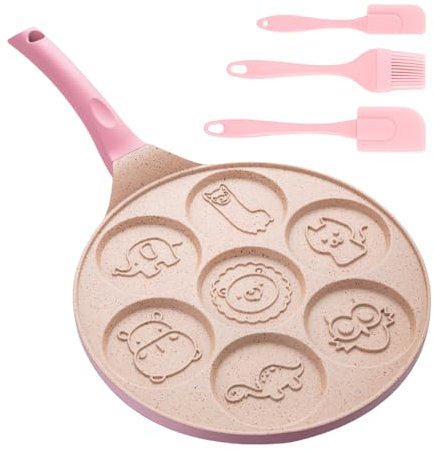 Sporgo Padella Antiaderente per Pancake, 26 cm, 7 Fori, Animali, Gas, Elettrico, Vetroceramica, Manico Isolato