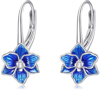 ONEFINITY Orchid Earrings For Women 925 Sterling Silver Blue Flower Leverback Earrings Enamel Orchid Jewellery Gifts