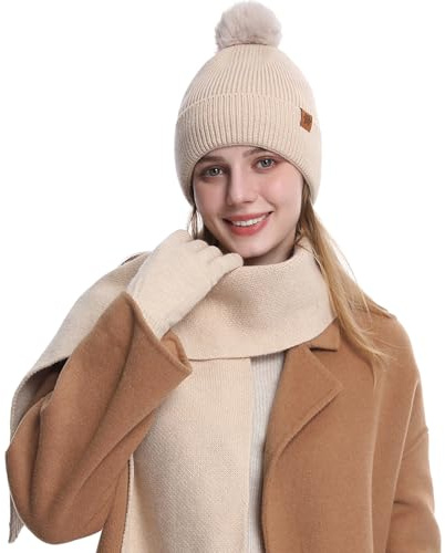MAZELIKEHOOD Hat Scarf Gloves Set for Women 3Pcs Ladies Winter Warm Knitted Beanie Hat Gloves Scarf Neck Warmer 3 in 1 Cold Weather Set
