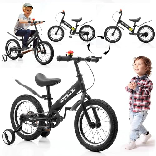 GHBXJX 3-in-1 Laufrad ab 3 Jahre/Balance Bike mit Bremse & Fußstütze, höhenverstellbar 47–56 cm, 14 Zoll PU-Profilreifen, Seitenständer, Karbonstahl-Rahmen, für Jungen & Mädchen,Schwarz