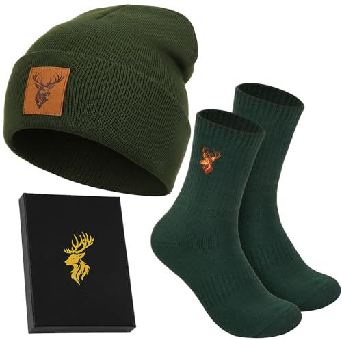 Jadive Geschenke für Jäger Hirsch Strickmütze Jäger Socken Winter Beanie Mütze Orange Jagd Zubehör