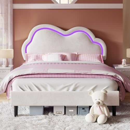 LUXOAK Kinderbett 90x200, Polsterbett mit LED Kopfteil und Stauraum, Weiß | Cloud Design Kopfteil, RGB LED Beleuchtung, App & Fernbedienung, Metallrahmen, 360 kg Belastbarkeit