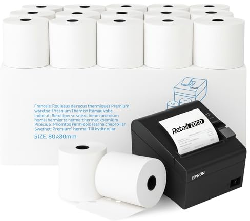 Rollos de papel térmico, Papel Impresora Térmica, Rollo de Recibo Térmico, Apto para Impresora EPOS, Terminal POS, Datafono, Caja Registradora, Báscula, Tamaño 80x80 mm, Pack de 32 rollos