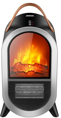 JOCCA - Calefactor Cerámico Chimenea 1500W | Estufa Eléctrica Portátil con Efecto Llama Realista, 2 Niveles de Calor, Termostato Regulable, Protección de Seguridad y Asa de Transporte