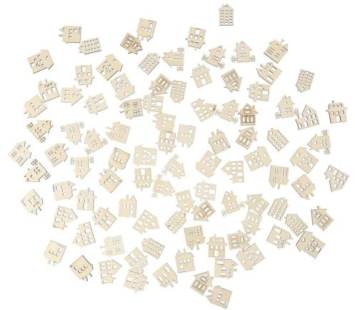 TOPBATHY 100 Stück Teiliges Holzhaus Bastelset DIY Holzscheiben Unbemalt Handbemalbar Holzchips Kreatives Bastelmaterial für Mädchen Jungen zum Bemalen und Gestalten