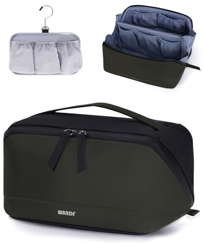 WANDF Toiletry Bag for Men Travel Wash Bag PU Leather Toiletry Organizer with Detachable Waterproof Hanging Pouch Open-Flat Dopp Kit Shaving Bag with Wet Pocket for Travel Accessories (Army Green)