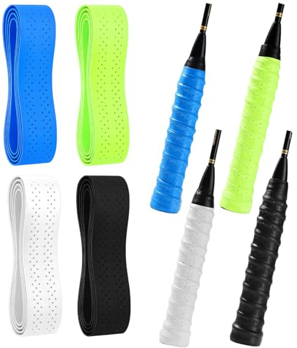 Grip Raquette Badminton - 4 Pcs Bandes de Manche Adhésives en PU Haute Performance - 110 × 25 mm, Respirant et Antidérapant pour Raquette de Badminton & Tennis (Blanc, Bleu, Vert Fluorescent, Noir)