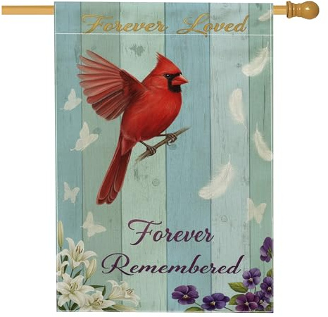 Drapeau de maison cardinal, commémoratif de la nature, papillons, lys, commémoratif rouge double face en toile de jute pour extérieur, terrasse, pelouse, entrée, camping, 71 x 101,6 cm