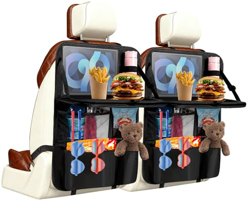 Organisateur de Siège avec Table Pliante pour Enfant, Protection Siège Voiture Enfant Imperméable avec Pochette Tablet, Rangement Arrière pour Console de Jeux et Jouets pour Voyages (Lot de 2)