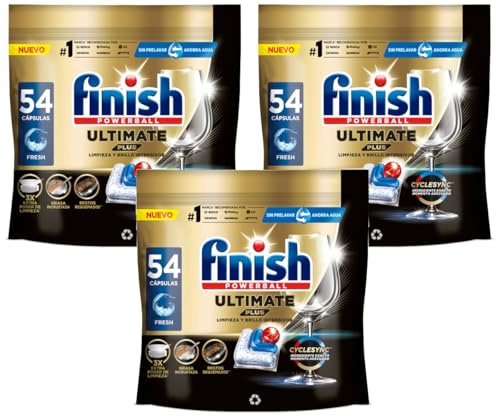 Finish Powerball Ultimate Plus All in 1 Dishwasher Tablets, 162 Dishwasher Capsules, Our Maximum Cleanliness and Diamond Shine, Regular Scent, Packaging May Vary (3 x 54 Caps)