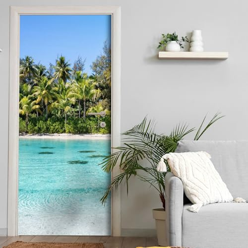 Türtapete selbstklebend blasenfrei | 200 x 90 cm Karibik, Strand, Palmen, Meer | Tür Aufkleber Türfolie | Einteilig | Wasserfest 3D Türaufkleber Klebefolie Türposter Möbelfolie