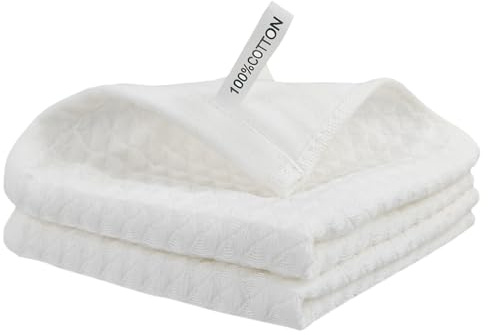 HMETOL 100% Cotton Waffle Weave Solid Color Kitchen Towels, 2 Pack Dish | For drying dishes, wiping countertops. Ultra absorbent, fast drying. Reinforced edges. White 30cm x 30cm