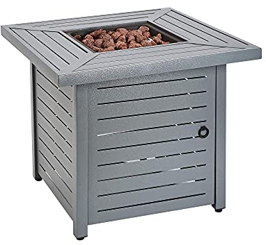 Fire Mountain Garden Fire Pit - Square, Outdoor, Gas Fire Pit Table, Regulator & Protective Cover Included, 76cm, Contemporary Grey Slatted Design, 13kW