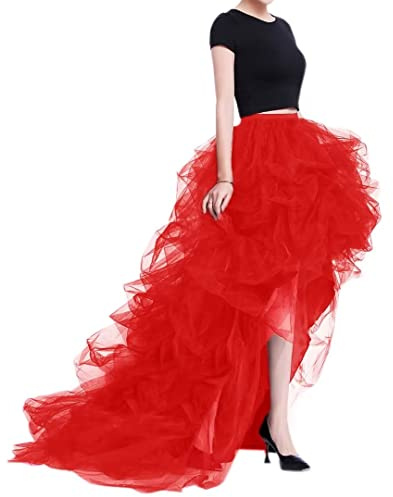 WDPL Women's High Waist Long Maxi High Low Ruffles 4 Layers Party Tulle Skirt (Red, X-Large)