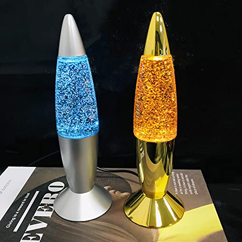 Riaxuebiy 2er Pack Glitter Lava Lampe LED Vintage Mini 7,28''Nachtlicht Lampe mit USB Multi Farbwechsel Raketenlicht für Kinder Jungen Mädchen Schlafzimmer Geschenk (Golden+Silber, USB)