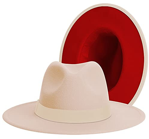 Fedora-Hüte mit breiter Krempe für Damen und Herren, klassisches Kleid, Panamahut, Verstellbarer Filzhut mit Band, Creme-Rot, cremefarbenes Band, Medium