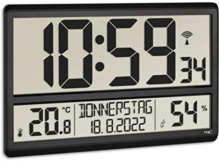 TFA Dostmann XL Wanduhr digital, 60.4520.01, mit Temperatur und Luftfeuchtigkeit, Wochentag (8 Sprachen), Funkuhr, gut ablesbar, groß, schwarz