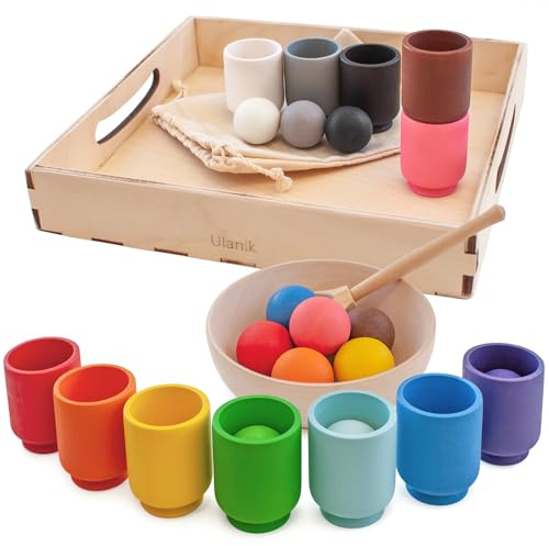 Ulanik Kleine Bälle in Tassen Kleinkinder Montessori Spielzeug ab 3 Jahr + Baby Sensorik Bälle Holzspiele zum Zählen und Sortieren Farben Lernen — 12 Holzkugeln Bunt