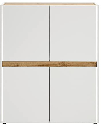 Lomadox Wohnzimmer Highboard in weiß mit Absetzungen in Wotan Eiche Nb., B/H/T: ca. 100/120/40 cm