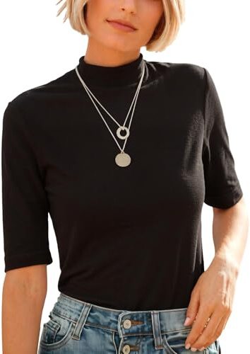 Dressmine Mock Turtle High Neck Tops for Women Black Blouse Summer Fitted Plain T Shirt Casual Half Sleeve Fashion Blouse Size 14