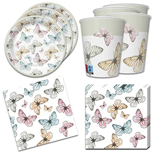 36-piece table decoration set with butterflies for children and adults in spring and summer, 8 plates, 8 cups, 20 napkins, 33 x 33 cm
