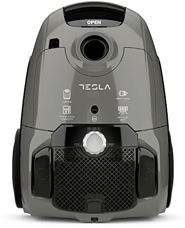 TESLA Aspirador de Trineo con Bolsa BG300G - 800W, Depósito 3,5L, Silencioso 76dB, Filtro HEPA, Indicadores LED, Cepillo Estandar y Parquet, Boquilla 2 en 1, Radio de Trabajo de 8m, Color Gris