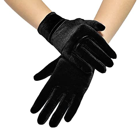 Audrey Hepburn Damen Satin Classic Opera Fest Party Handschuhe 1920er Stil, Elastisch, Erwachsene Größe, Damen Handgelenklange, Kurze Samt Party Kostüm Handschuhe, Schwarz