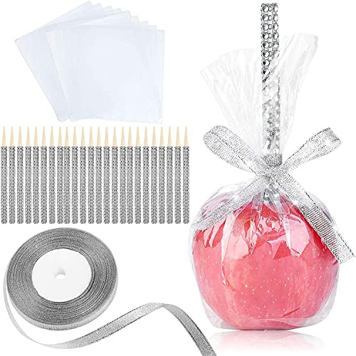 24 Stück Bambusstäbchen für Kandierte Äpfel, Karamell-Apfel Stäbchen aus Holz mit Strasssteinen, Obst Leckereien Pop Dec Bar für Dessert Tisch Tee Party Geburtstag Hochzeit Buffet (Silber)