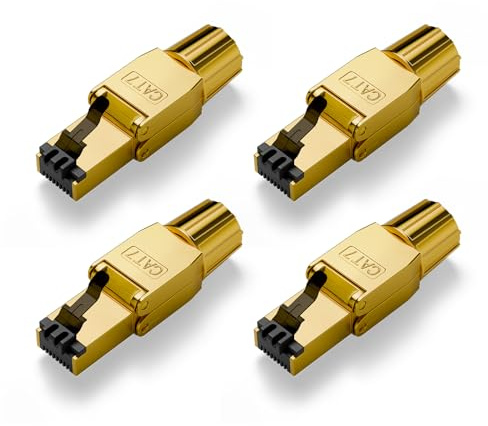 VCELINK RJ45 Stecker CAT7 werkzeuglos, Netzwerkstecker CAT7/CAT6A | geschirmt, PoE-kompatibel, 10 Gbit/s, 600MHz, Metalllasche, geeignet für Heimnetzwerk & Büro, 4 Stück, golden