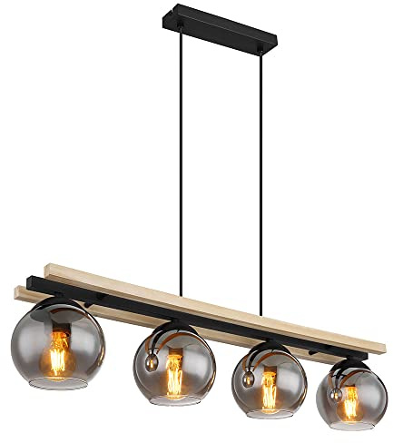 Pendelleuchte Hängelampe Holzoptik Esszimmerleuchte Landhaus Pendellampe 4 flammig, Metall schwarz, 4x E27 Fassung, LxBxH 85x15x120 cm