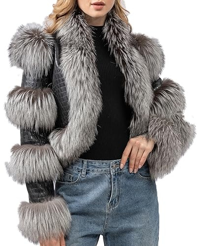 LVCOMEFF Women Sheep Leather Cropped Jacket Bolero Top Coat Motorcycle Jacket With Fox Fur Layer Long Sleeve Python Pattern (US, Alpha, X-Large, Regular, Regular, black with silver fox)