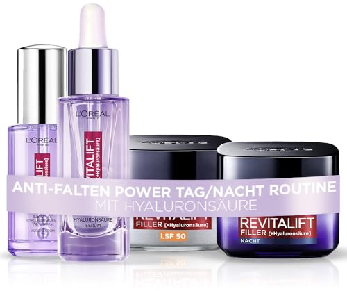 Pure Hyaluronic Power Kit: L'Oréal Paris Hyaluron Serum, Revitalift Filler 30 ml + Augenserum mit 1,5% Hyaluronsäure 20 ml + Hyaluron Tagescreme mit LSF 50 & Hyaluron Nachtcreme 50 ml, 4-teilig